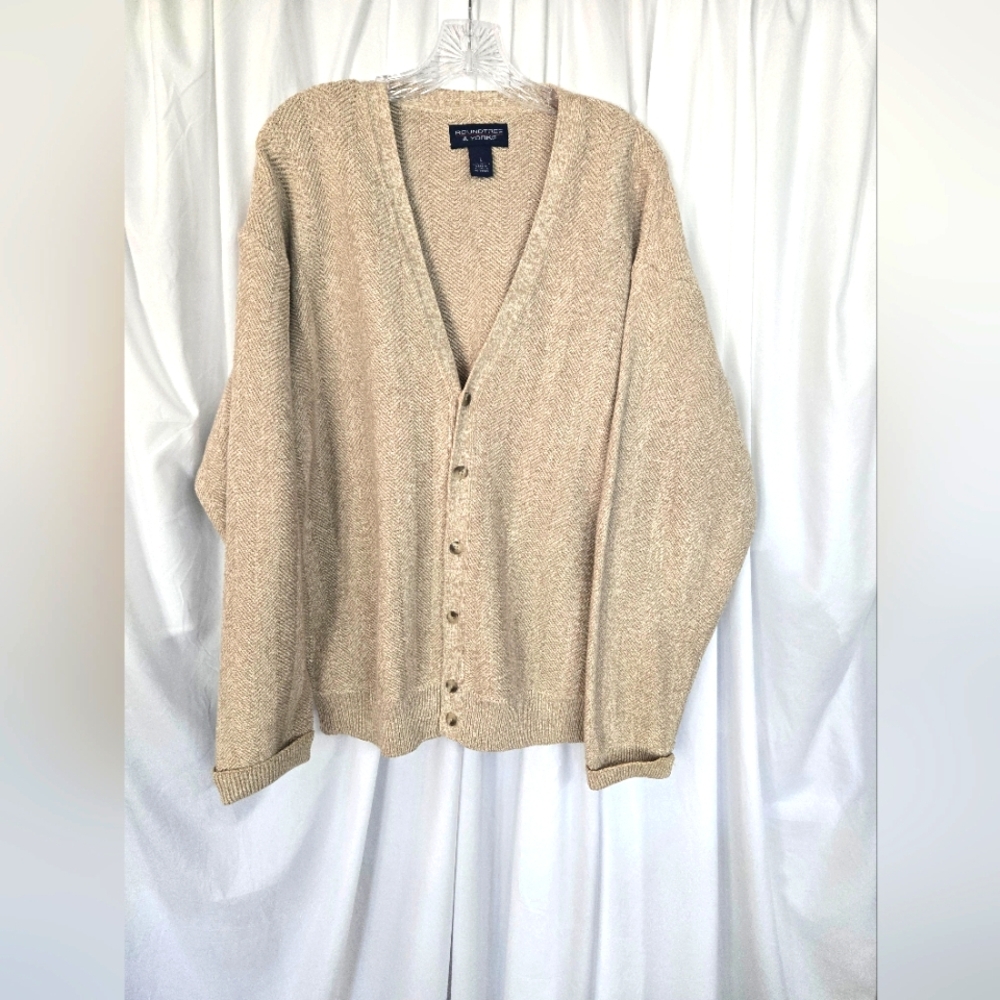 Roundtree & Yorke Men's Tan/Cream V Neck Cardigan Sweater Size L